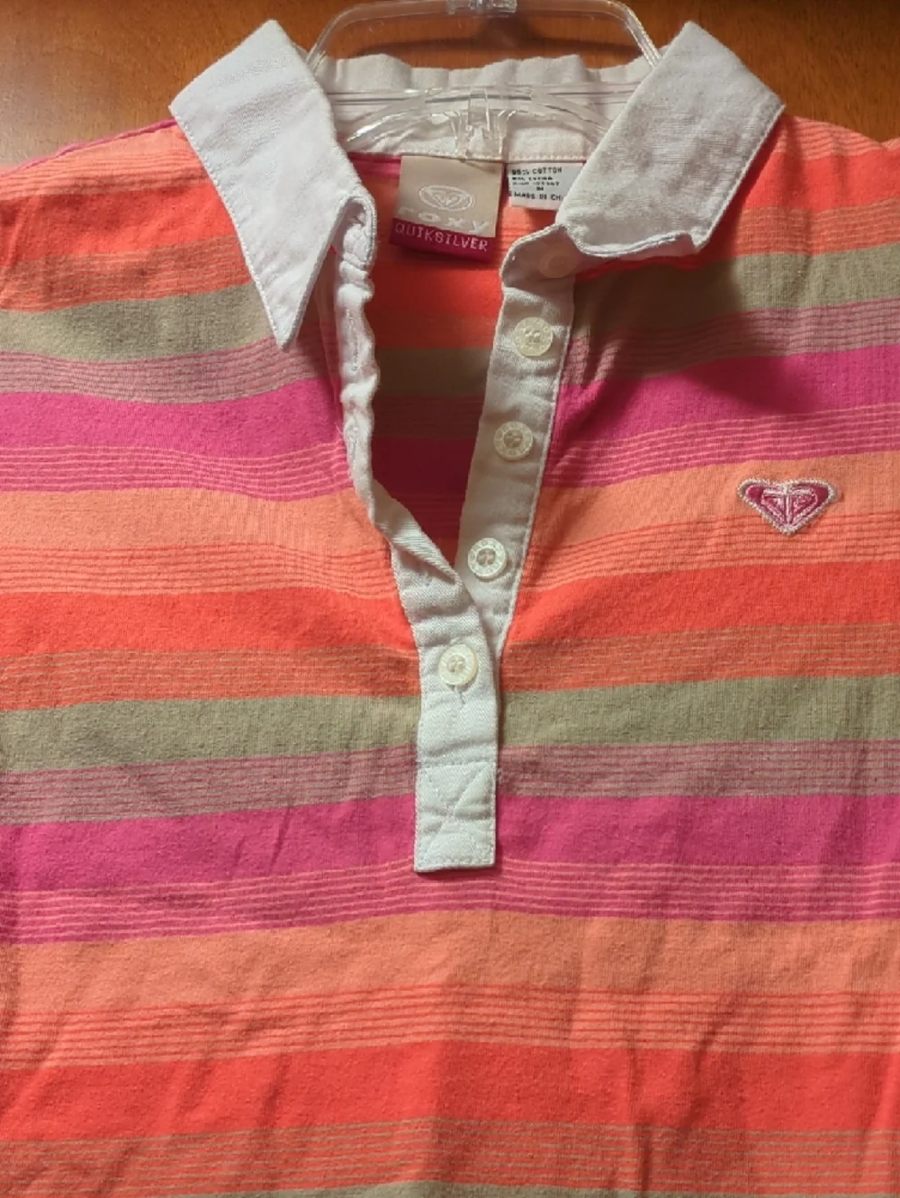Roxy Striped Polo Shirt in Coral, Pink & Sage with White Collar - Picture 3 of 7